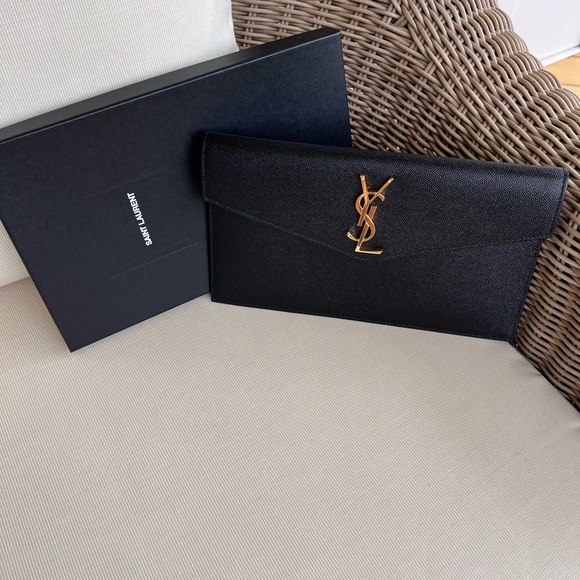 Saint Laurent Black Envelope Clutch with Gold Monogram - Picture 1 of 12